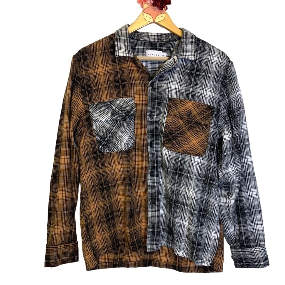 Topman button down shirt brown white black mixed plaid size medium